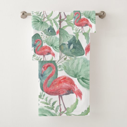 Aquarell Rosa Flamingos und Blätter. Badhandtuch Set (Insitu)