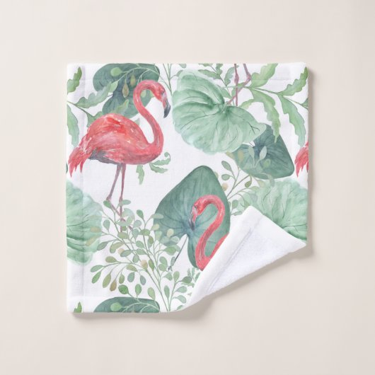 Aquarell Rosa Flamingos und Blätter. Badhandtuch Set (Waschlappen)