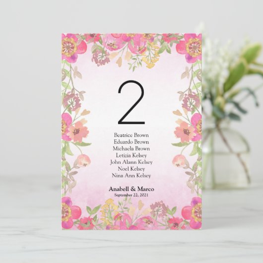 Aquarell rosa floral 5"x7" Tischnummer (Stehend Vorderseite)