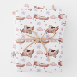 Aquarell-Rosa-Flugzeug Geschenkpapier Set