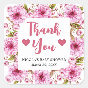 Aquarell Rosa Frühlings-Kirschblüten-Baby-Party Quadratischer Aufkleber