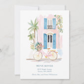 Aquarell-Rosa-Gebäude-Fahrrad Wir sind umgezogen Ankündigung (Vorderseite)