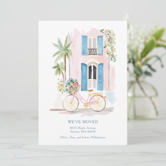 Aquarell-Rosa-Gebäude-Fahrrad Wir sind umgezogen Ankündigung (Stehend Vorderseite)