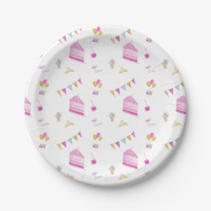 Aquarell-Rosa-Geburtstagsdekorationen mit Kuchen Pappteller