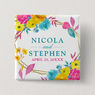 Aquarell Rosa Gelb Blau Sommer Blumen Hochzeit Button