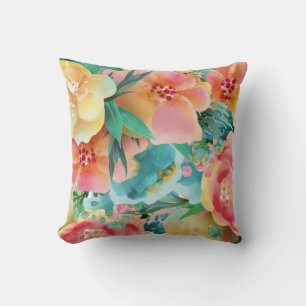 Aquarell Rosa Gelb Türkis Frühlingsflorales Kissen