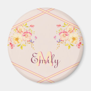 Aquarell-Rosa-Gelbe-Rosen, Linien, Monogramm Magnet