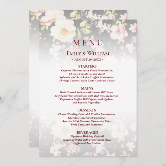 Aquarell Rosa Gelbe Rosen, schwarz verschwommen, H Menükarte (Vorne/Hinten)