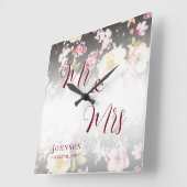 Aquarell Rosa Gelbe Rosen, schwarz verschwommen, H Quadratische Wanduhr (Winkel)