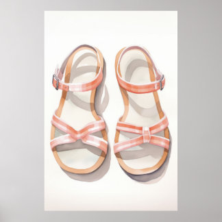 Aquarell-Rosa-Gestreifte-Sommer-Sandalen-Kunst Poster