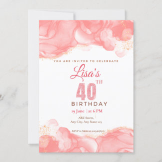 Aquarell Rosa Glitter 40. Geburtstag Einladung