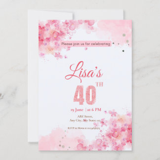Aquarell Rosa Glitter 40. Geburtstag Einladung