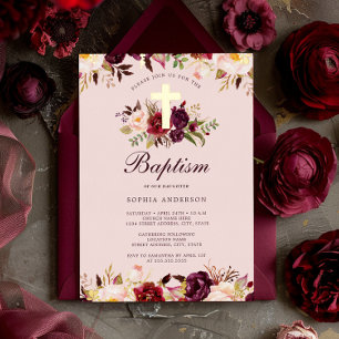 Aquarell Rosa Gold Burgund Blumen Taufkleid Folieneinladung