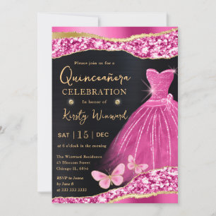 Aquarell Rosa & Gold Glitter Kleid Quinceanera Einladung