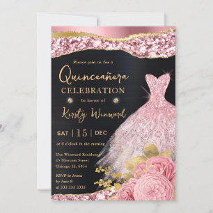 Aquarell Rosa & Gold Glitter Kleid Quinceanera Einladung