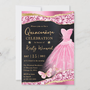 Aquarell Rosa & Gold Glitter Kleid Quinceanera Einladung