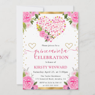 Aquarell Rosa Goldene Herzen Blumen Quinceanera Einladung
