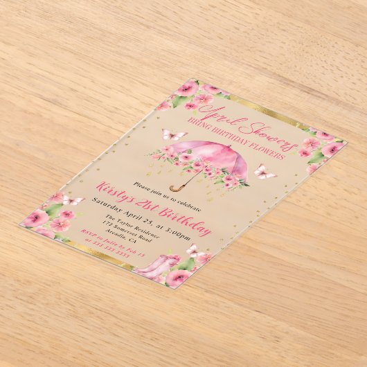 Aquarell Rosa Goldener Frühlingsschirm 21. Geburts Acryleinladungen (Ablage )