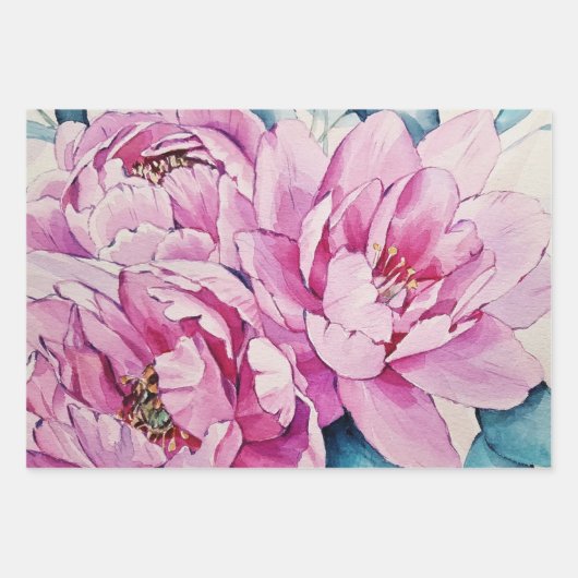 Aquarell-Rosa-große-Pfingstrosen-Blumen  Geschenkpapier Set (Vorderseite)