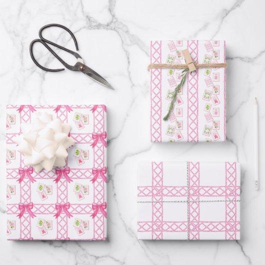Aquarell Rosa & Grün Bogen Mahjong Geschenkpapier Set (Vorderseite)