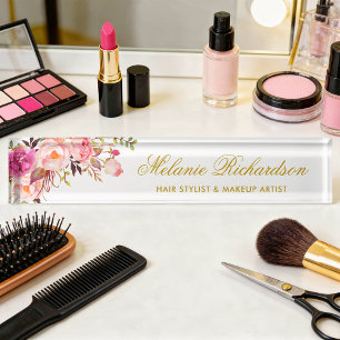 Aquarell Rosa Hauch Floral Gold Namensplakette