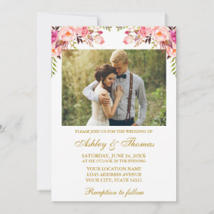 Aquarell Rosa Hauch Florale Foto Hochzeit Gold Einladung