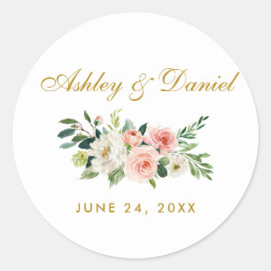 Aquarell Rosa Hauch Gold Blumen Hochzeit Runder Aufkleber