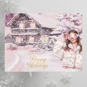 Aquarell Rosa Hauch Ski-Chalet Frohe Feiertage Feiertagspostkarte