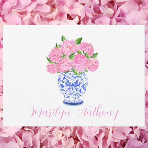 Aquarell Rosa Hortensien Chinoiserie Vase Maßanfer Mitteilungskarte