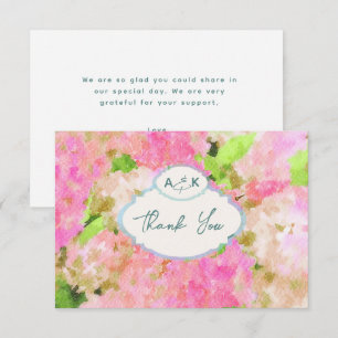 Aquarell Rosa Hortensien Garten Hochzeit Monogramm Dankeskarte