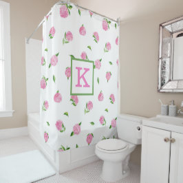 Aquarell-Rosa-Hortensien-Monogramm Elegante Blüten Duschvorhang