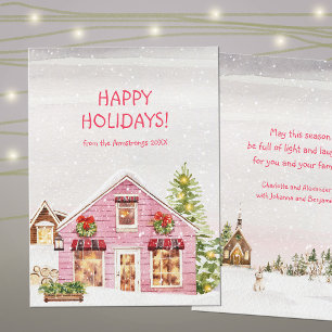 Aquarell-Rosa-Hütte-Weihnachten Feiertagskarte