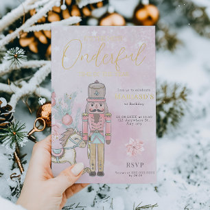 Aquarell Rosa Nussknacker 1. Geburtstag Weihnachte Folieneinladung