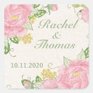 Aquarell-Rosa Pfingstrose auf Holz Hochzeit-Aufkle Quadratischer Aufkleber