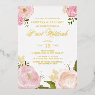Aquarell-Rosa-Pfingstrose-Blumen-Bat-Mizwa Folieneinladung