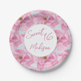 Aquarell-Rosa Pfingstrose Sweet 16 Party Pappteller