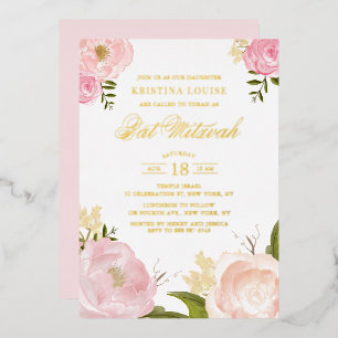 Aquarell-Rosa-Pfingstrosen-Blumen-Bat-Mitzwa Folieneinladung