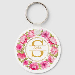 Aquarell-Rosa-Pfingstrosen-Blumenkranz-Monogramm  Schlüsselanhänger