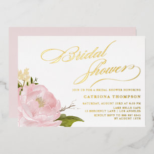 Aquarell-Rosa-Pfingstrosen-Brautparty Gold Folieneinladung