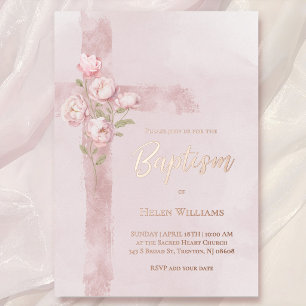 Aquarell rosa Pfingstrosen Kreuz Taufe Folieneinladung