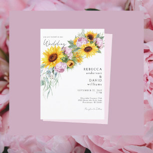 Aquarell-Rosa Pfingstrosen- und Sonnenblumen-Hochz Einladung