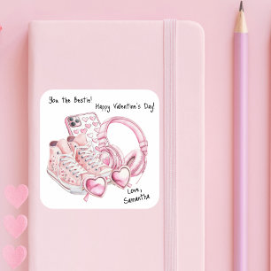 Aquarell-Rosa-Preppy-Teenagerin Valentinstag Quadratischer Aufkleber