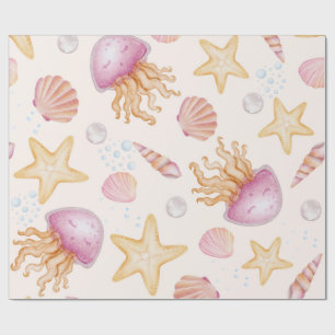 Aquarell-Rosa Quallen und goldene Seesterne Geschenkpapier
