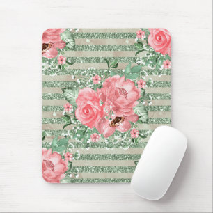 Aquarell-Rosa-Rosen auf grünen Glitterstreifen Mousepad