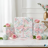 Aquarell-Rosa Rosen Blaue Blumenbänder & Schleifen Geschenkpapier