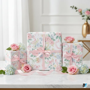 Aquarell-Rosa-Rosen Blaue Blumenbänder & Schleifen Geschenkpapier