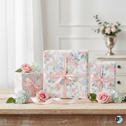 Aquarell-Rosa Rosen Blaue Blumenbänder & Schleifen Geschenkpapier