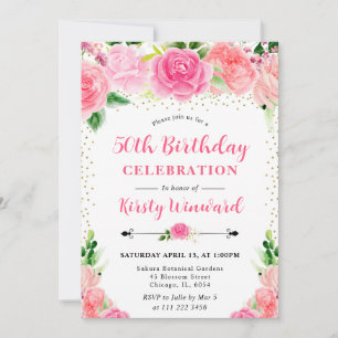 Aquarell-Rosa-Rosen-Blumen 50. Geburtstag Einladung