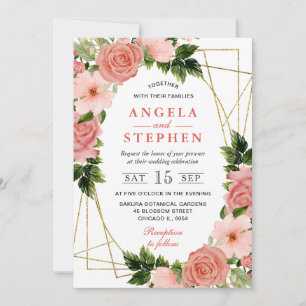 Aquarell-Rosa-Rosen-Blumen-Goldrahmen-Hochzeit Einladung