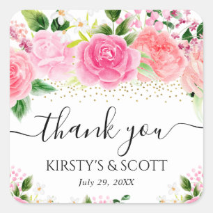 Aquarell Rosa Rosen Blumen Hochzeit Quadratischer Aufkleber